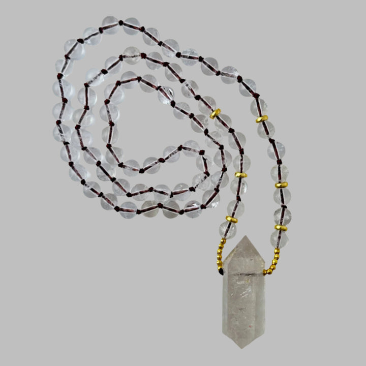 Clear Quartz Crystal Pendant Round Beaded Necklace
