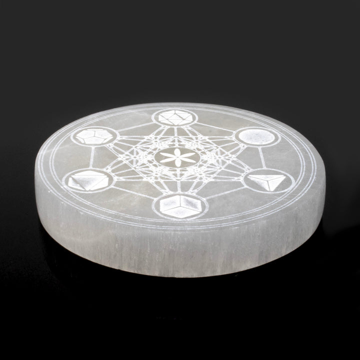 Engraved Selenite Disc - Metatron Cube with Platonic Solids - Sacred Geometry