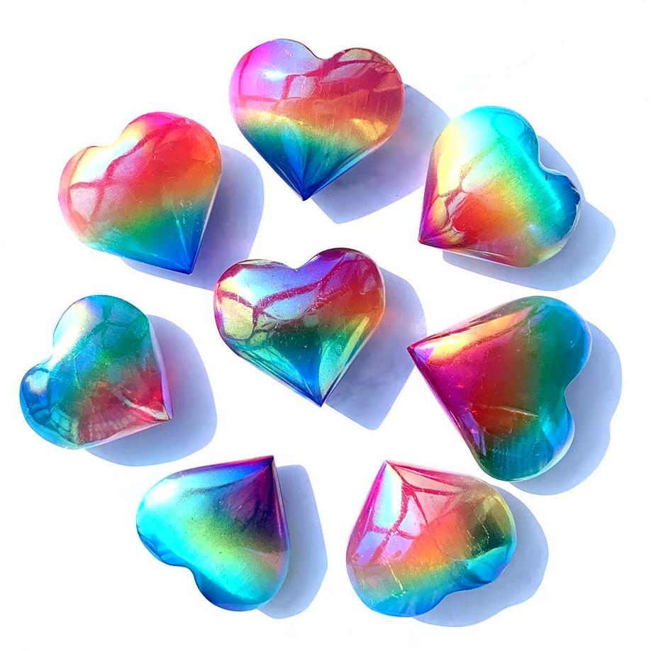 Rainbow, Selenite Crystal  Heart - Positive Vibes - Angelic Realms