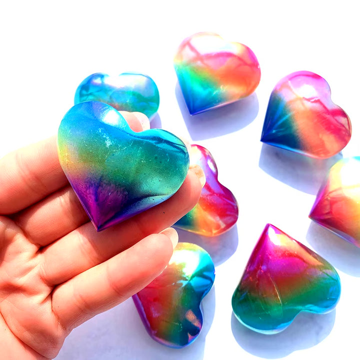 Rainbow, Selenite Crystal  Heart - Positive Vibes - Angelic Realms