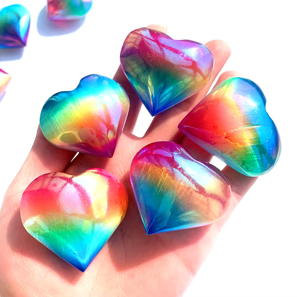 Rainbow, Selenite Crystal  Heart - Positive Vibes - Angelic Realms