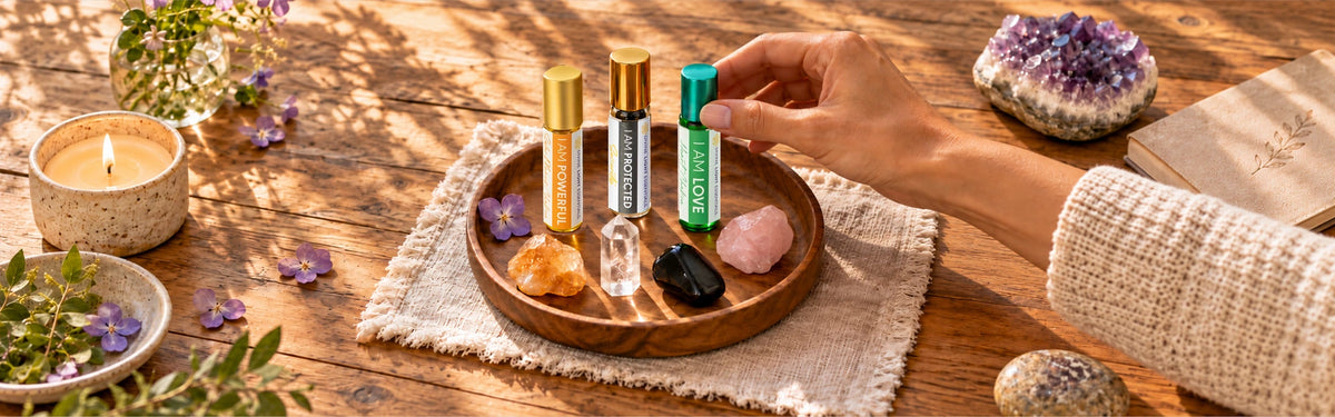 Shop by Intention: I Am Powerful, I Am Protected, and I Am Love elixirs with crystals on a sunlit wooden tray, a hand choosing the Love bottle.