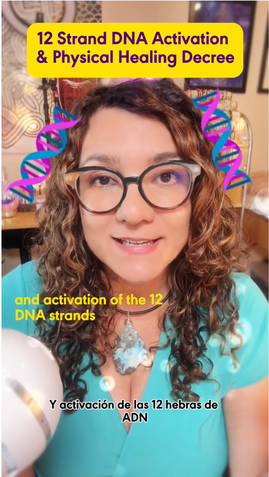 Woman with curly hair and glasses discussing 12 strand DNA activation and healing, colorful DNA graphics