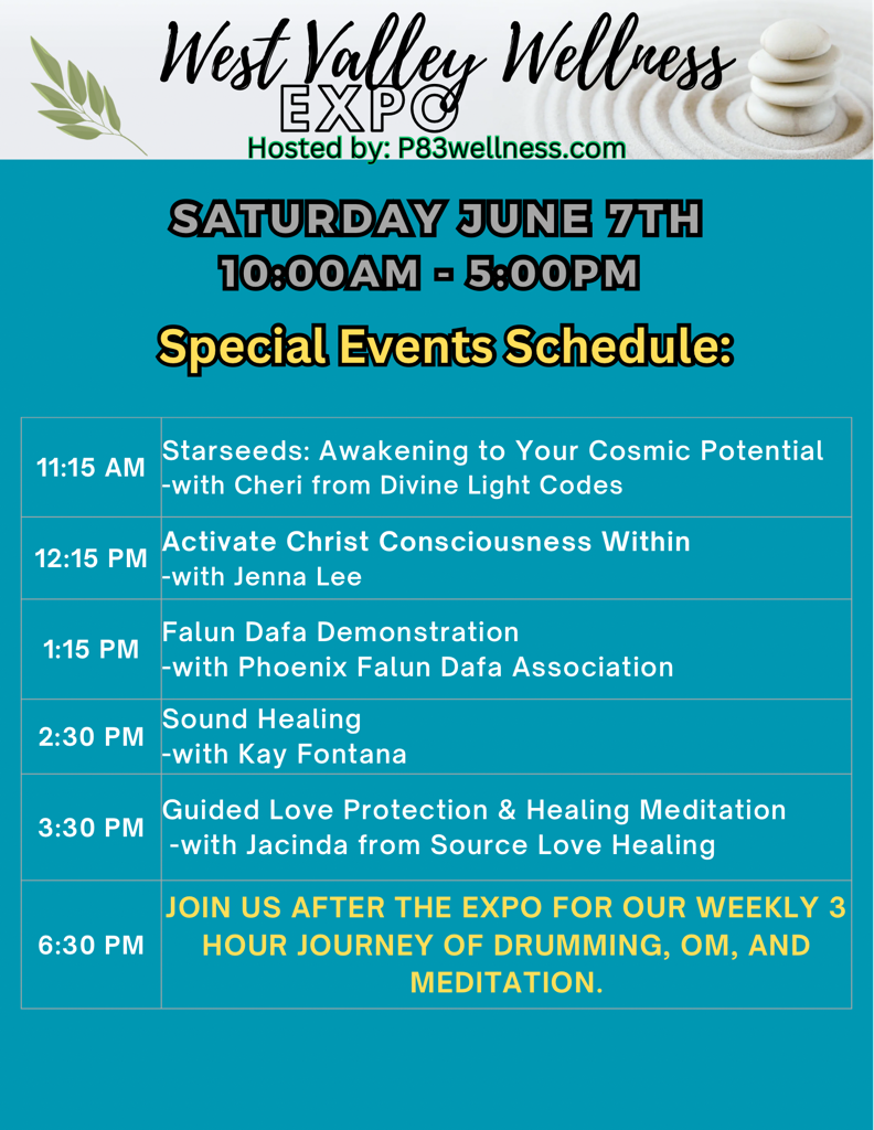 West Valley Wellness Expo schedule featuring Starseed awakening, sound healing, and meditation events