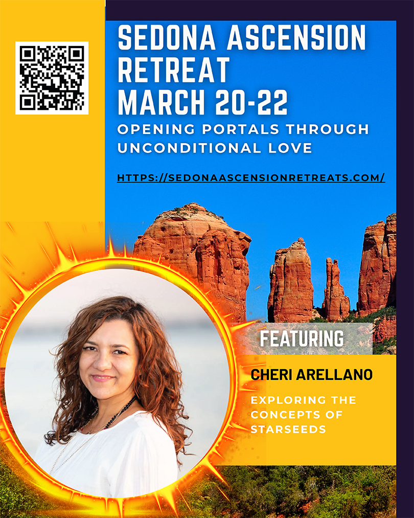 Sedona Ascension Retreat flyer with Cheri Arellano, red rock formations, event details, and QR code.