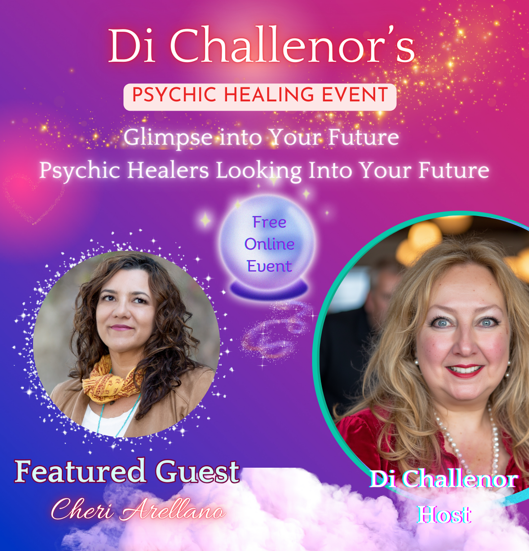 Psychic healing event banner with photos of two women, cosmic background, event details, and text about psychic healers.