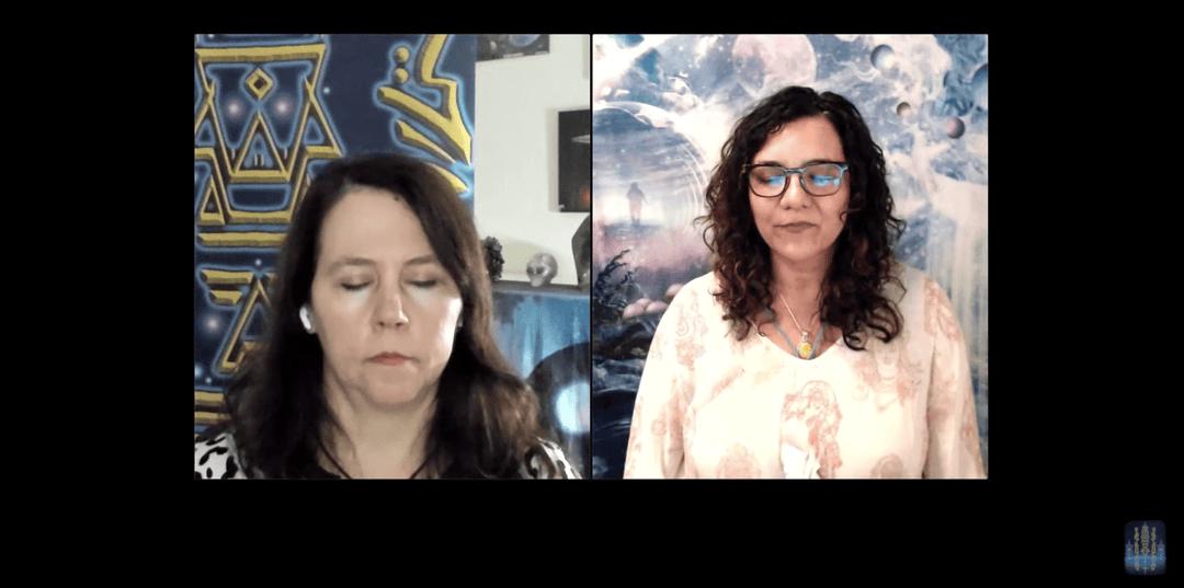 Two women meditating in a virtual meeting with spiritual and cosmic art backgrounds