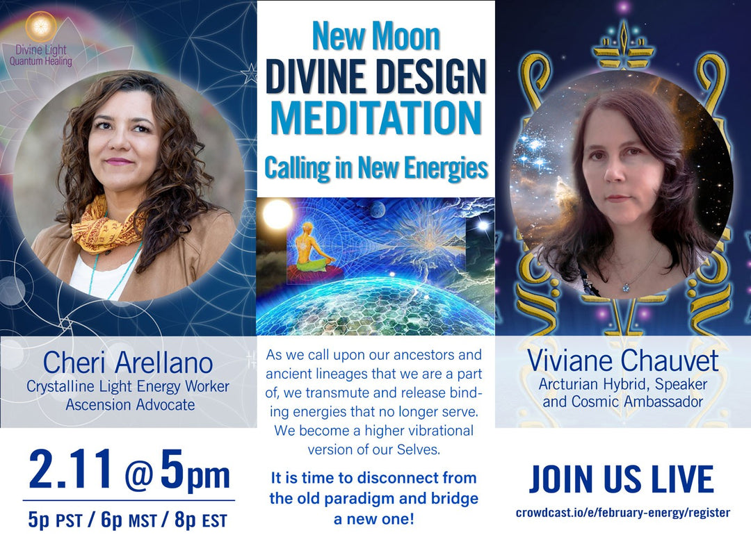New Moon Divine Design Meditation event flyer featuring portraits of two women, Cheri Arellano and Viviane Chauvet, with cosmic and spiritual energy themes.