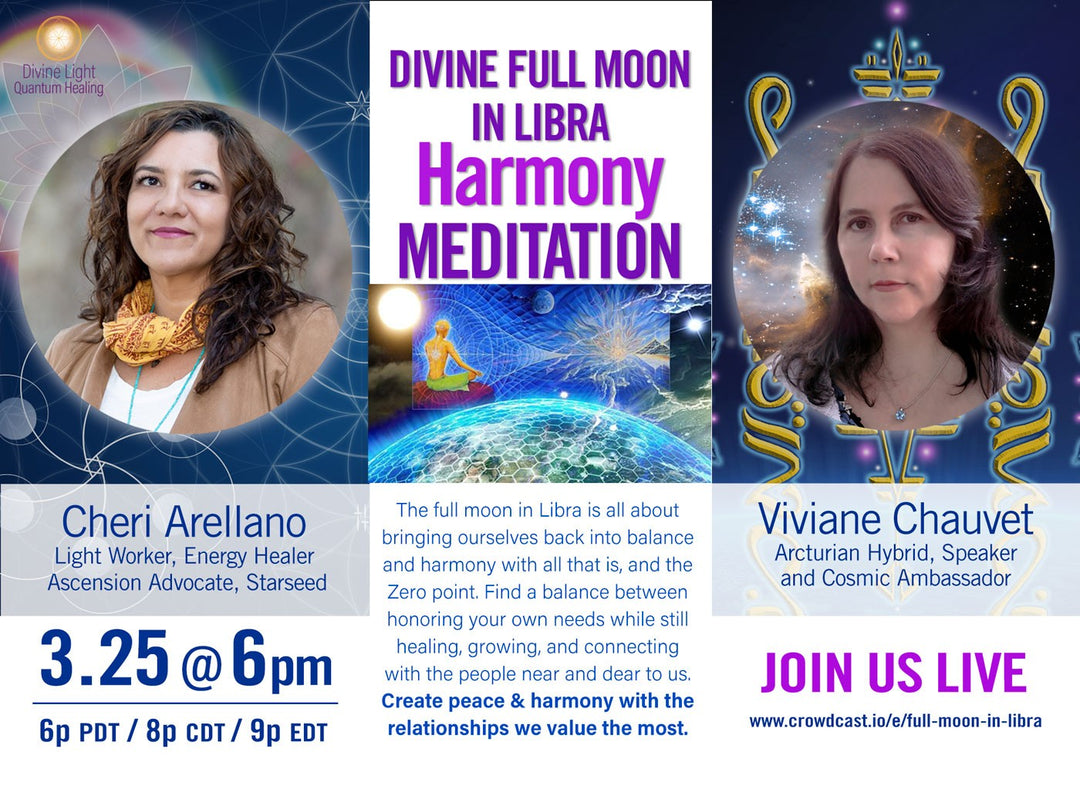 Divine Full Moon in Libra Harmony Meditation event flyer with portraits of two women, cosmic backgrounds, date and time details.