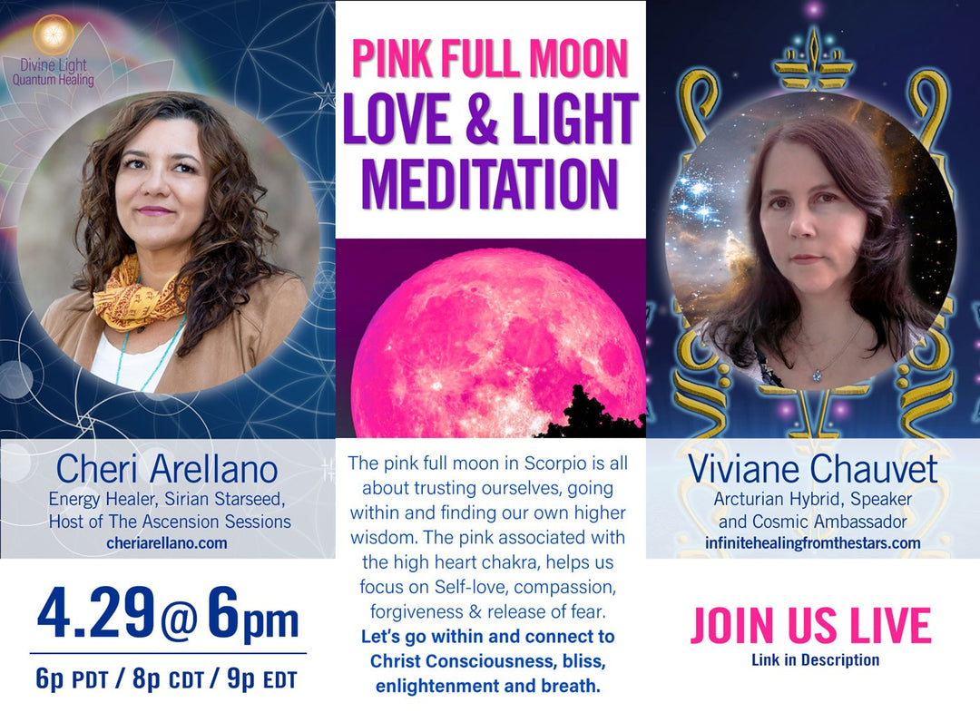Promotional flyer for Pink Full Moon Love and Light Meditation event with two women, cosmic background, date and time details, and a large pink full moon.