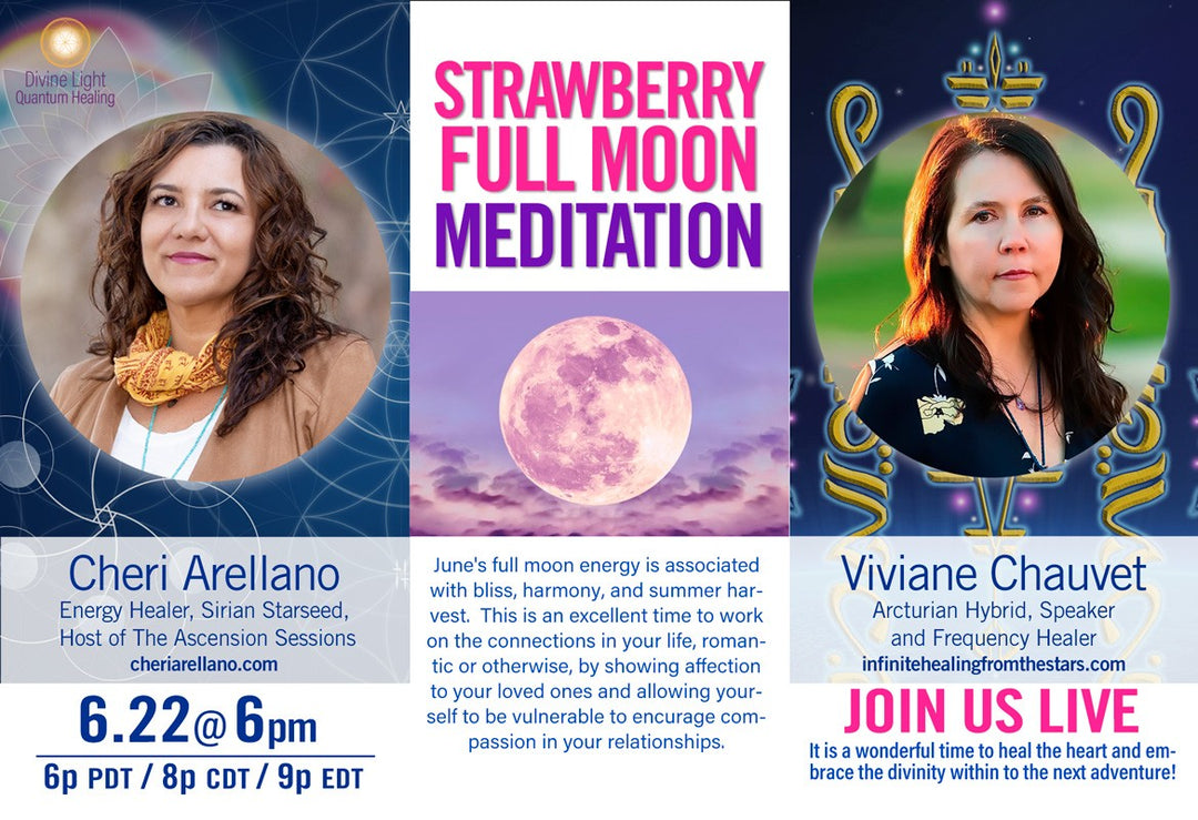 Strawberry full moon meditation event flyer with two female energy healers, vivid pink moon, and event details.