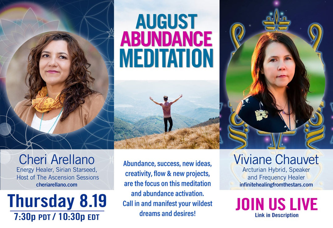 August Abundance Meditation event poster with two women, event details, and mountain background.