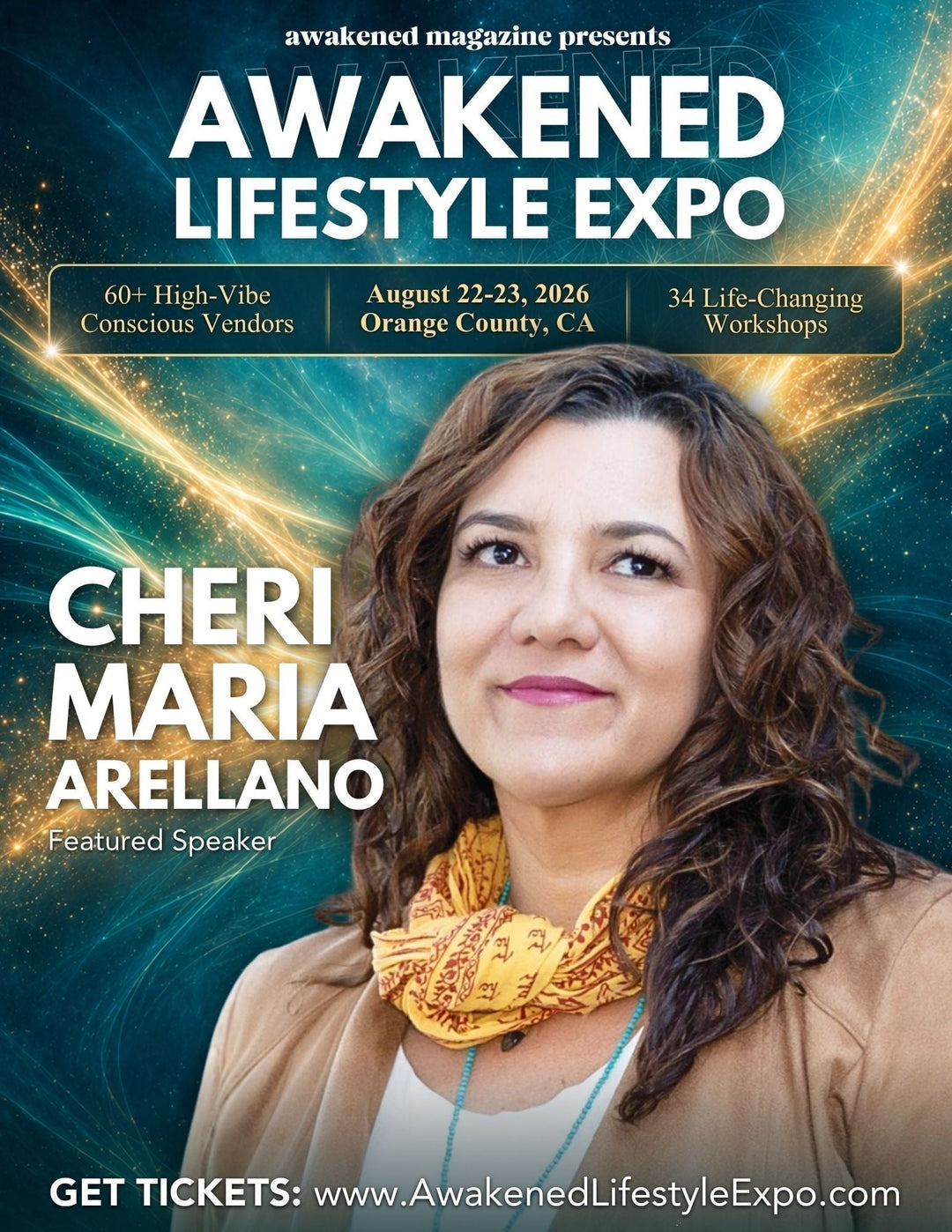 Cheri Maria Arellano, featured speaker at Awakened Lifestyle Expo with cosmic background