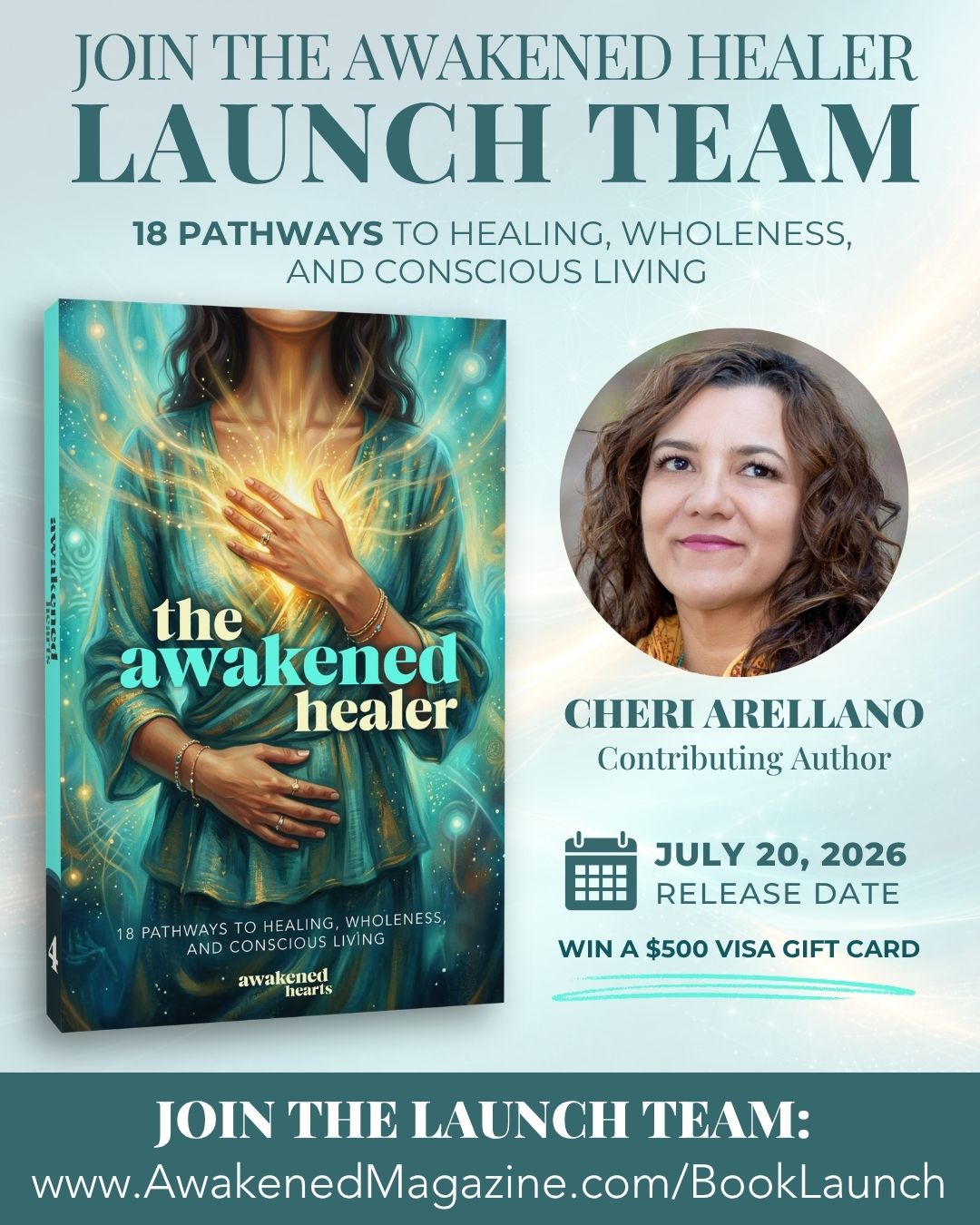 The Awakened Healer book cover with Cheri Arellano, promoting healing and conscious living pathways.