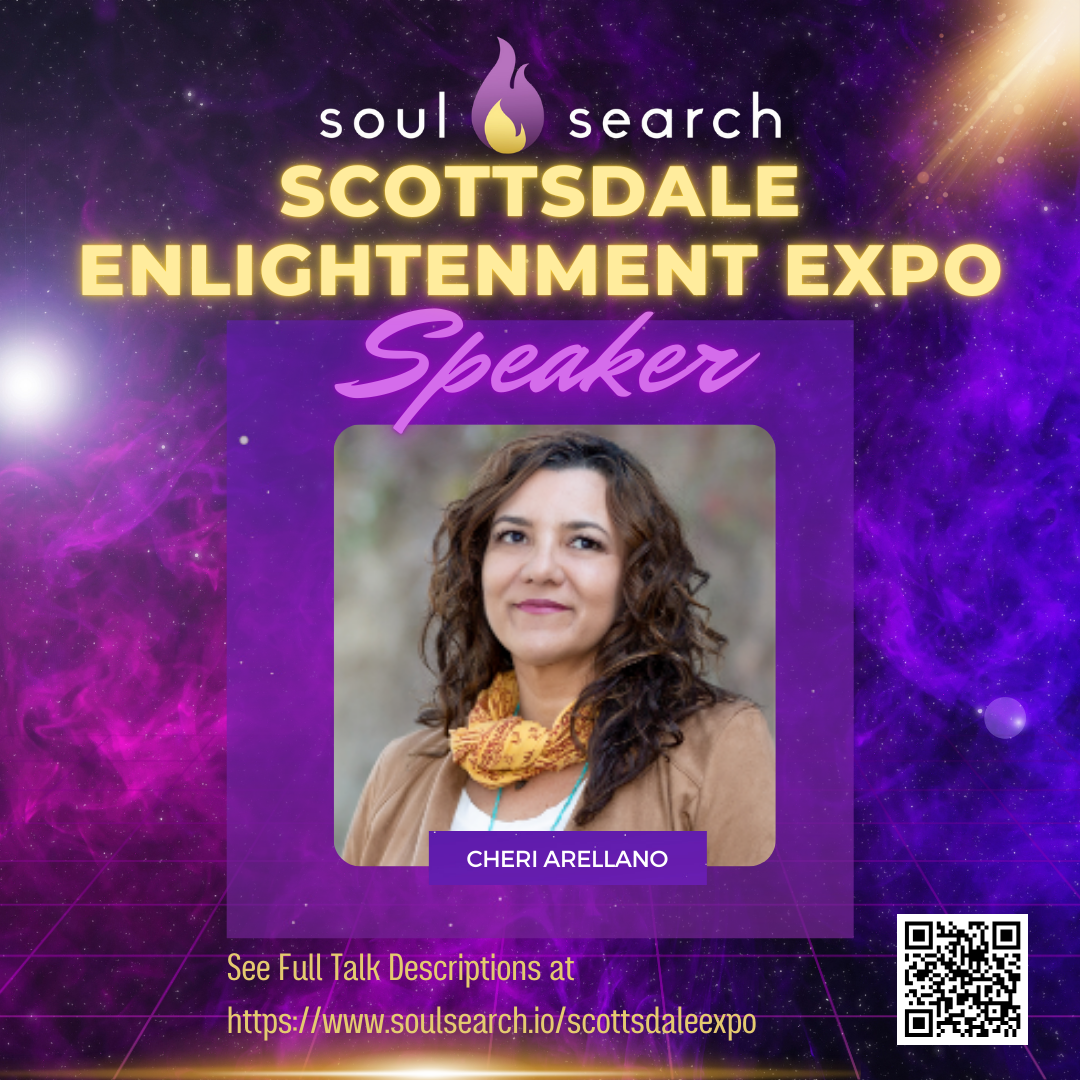 Female speaker Cheri Arellano featured at Scottsdale Enlightenment Expo event, purple cosmic background.