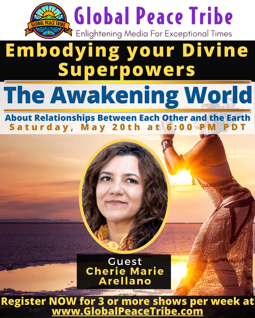 Promotional image for The Awakening World event featuring Cherie Marie Arellano, with sunset background, yoga pose, and event details for embodying divine superpowers.