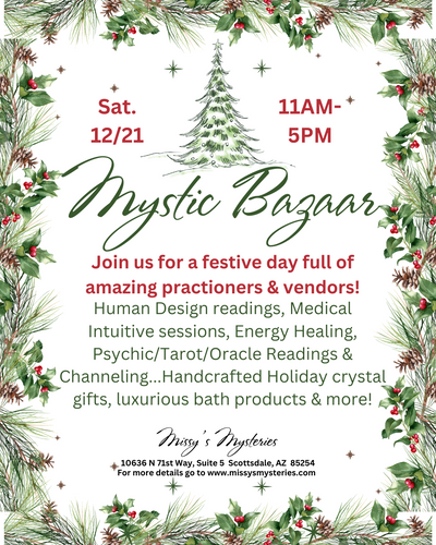 Mystic Bazaar event flyer with holiday pine design, event details, vendors, and festive decor.