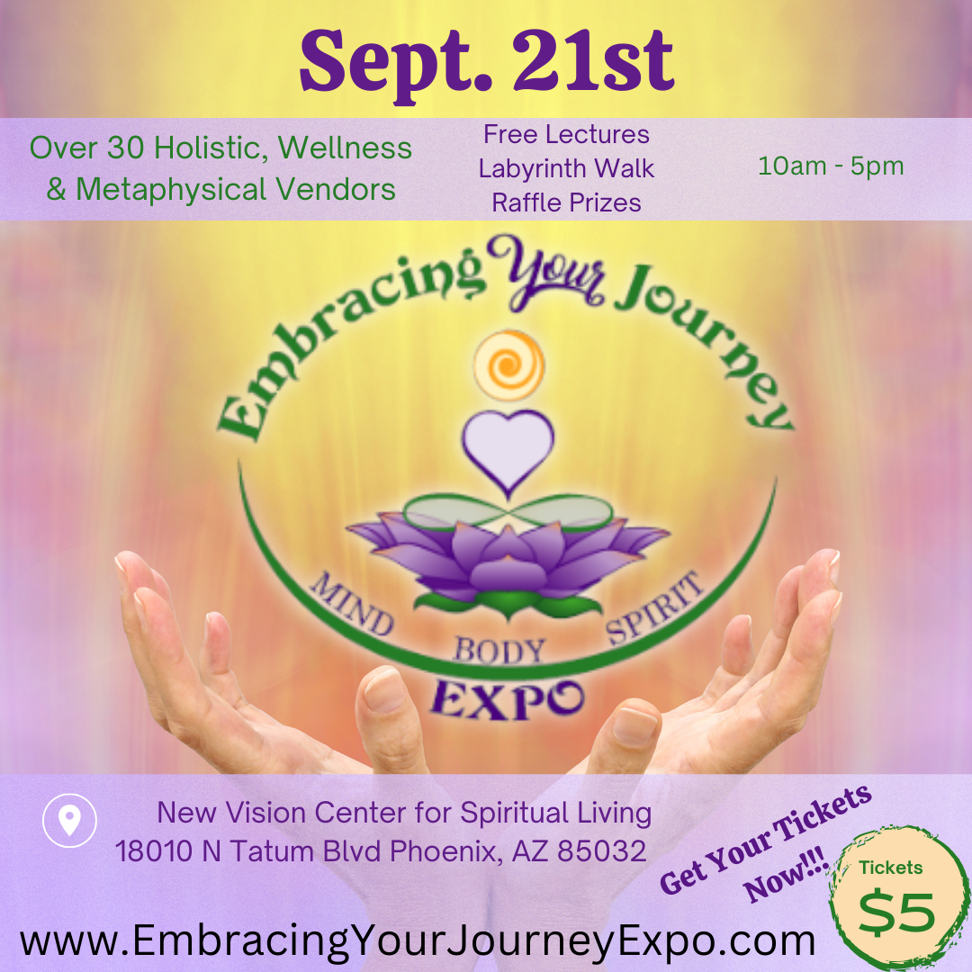 Embracing Your Journey Expo flyer with purple lotus, open hands, event date Sept. 21st, holistic wellness vendors, location in Phoenix, AZ.