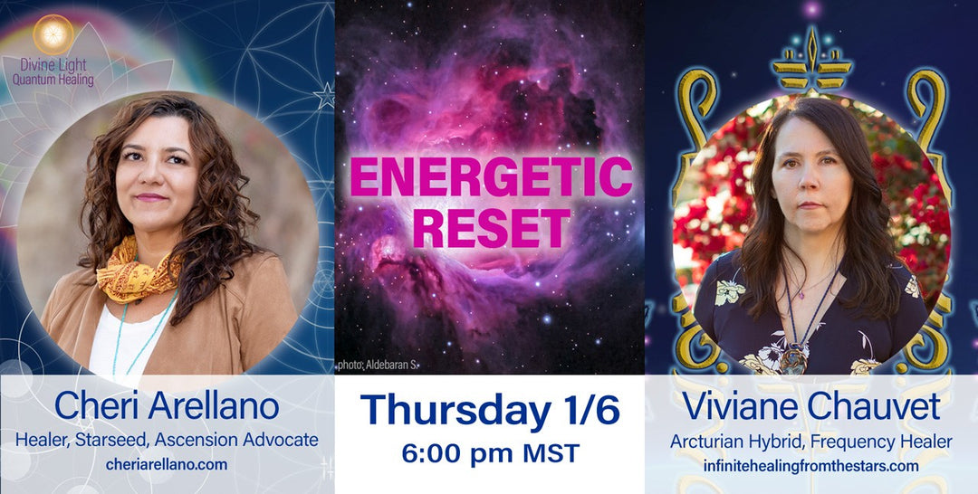 Energetic Reset event with two female healers, cosmic background, and event details