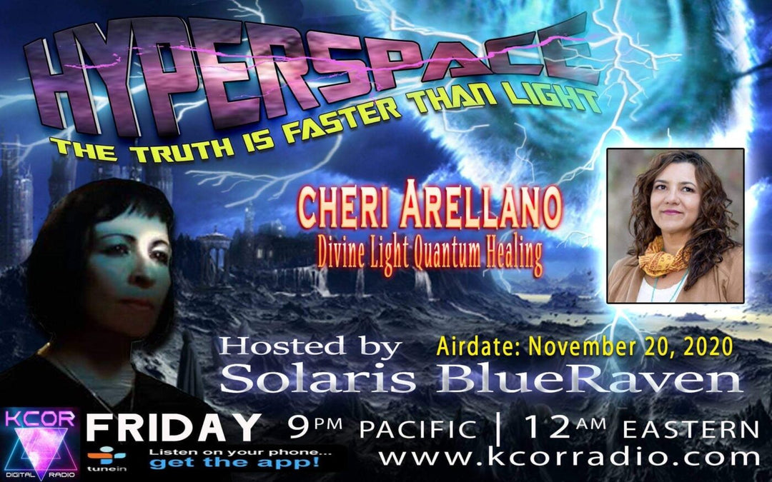 Hyperspace radio show poster with futuristic background, lightning, guest headshot, and show details