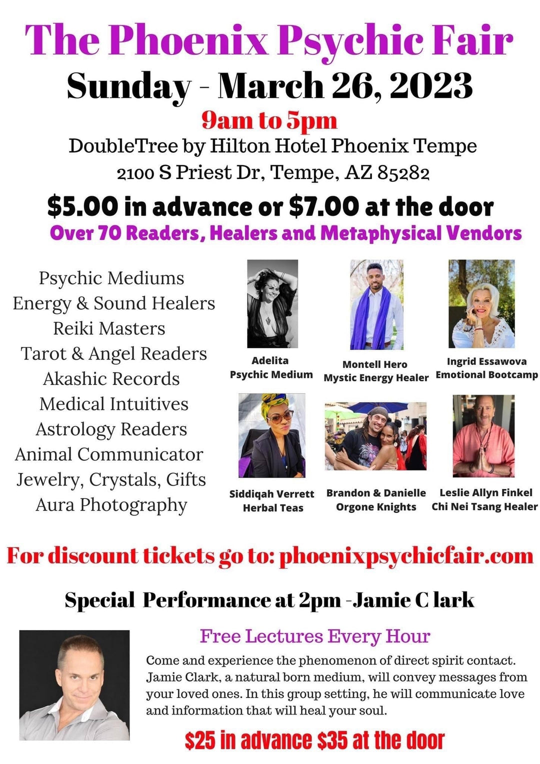 Phoenix Psychic Fair event flyer with event date, ticket prices, list of healers, and workshop details.