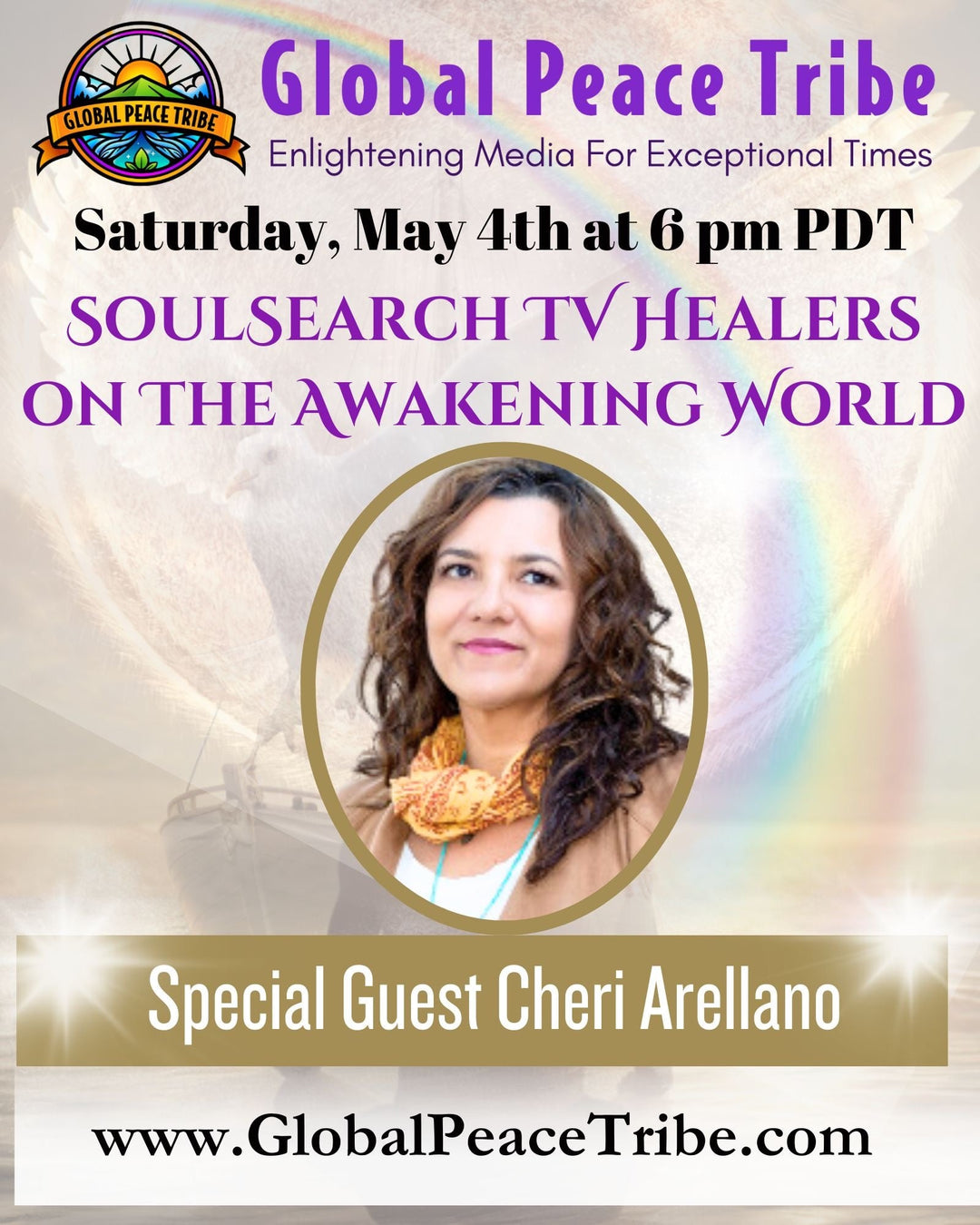 SoulSearch TV Healers event flyer with photo of guest Cheri Arellano and Global Peace Tribe logo