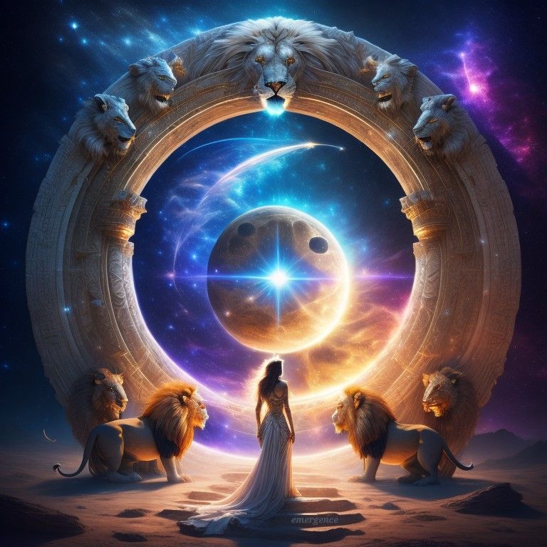 Woman in white gown stands before cosmic portal with lions, stars, and glowing celestial sphere, evoking ascension and divine light.