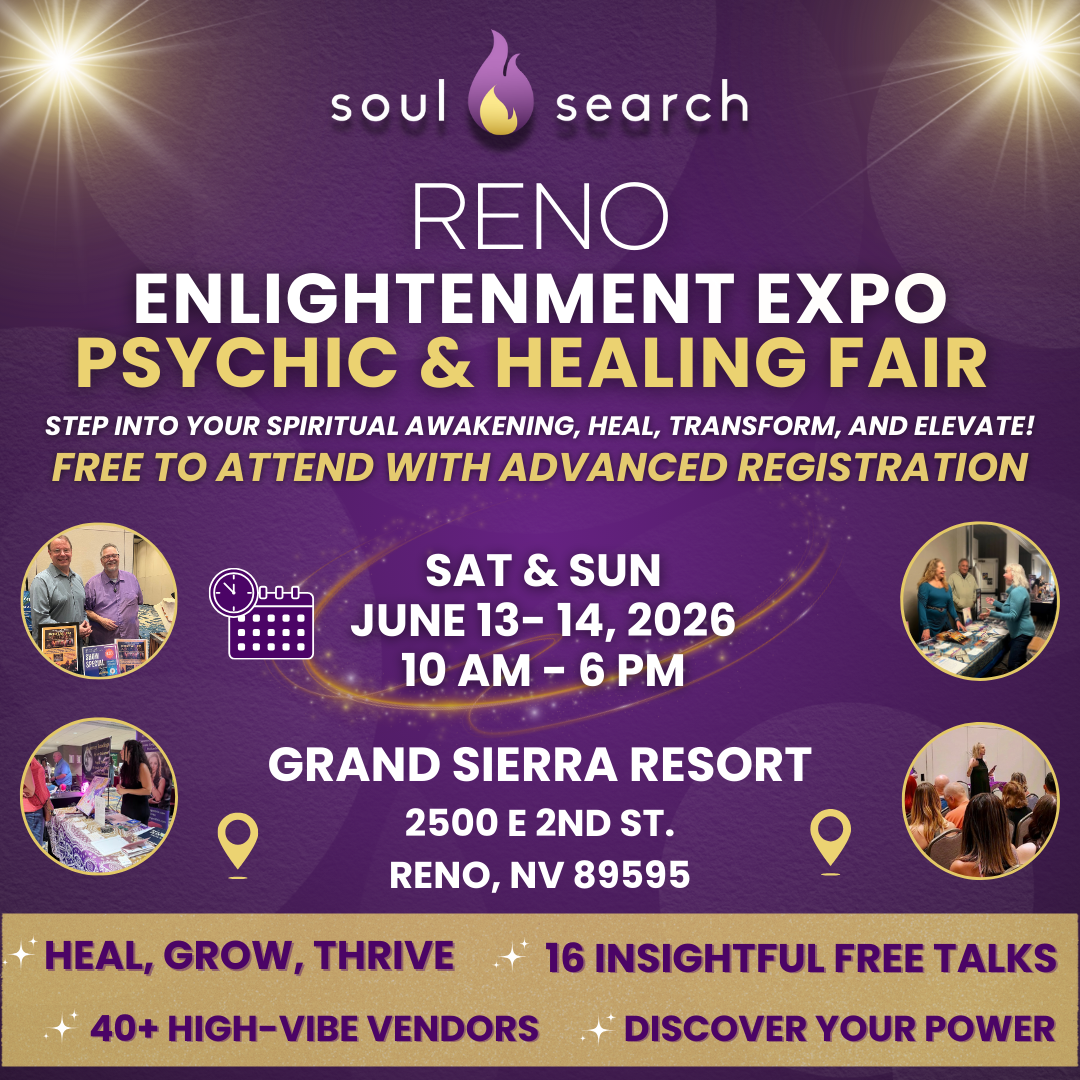 Reno Enlightenment Expo Psychic & Healing Fair event poster with dates, location, and vendor info for spiritual awakening and healing.