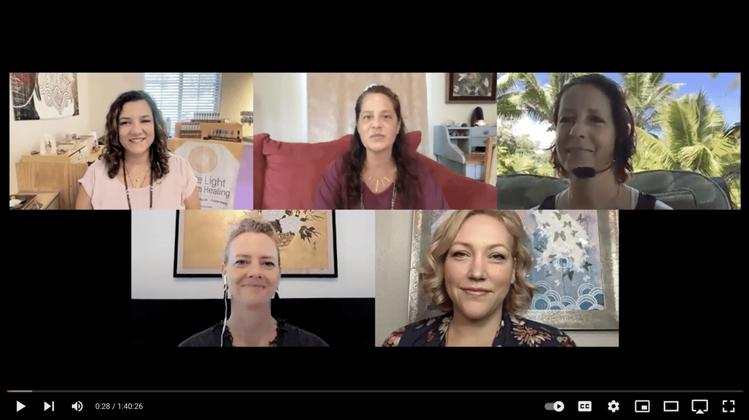 Five women in a virtual meeting, smiling, with varied home backgrounds and tropical scenery.