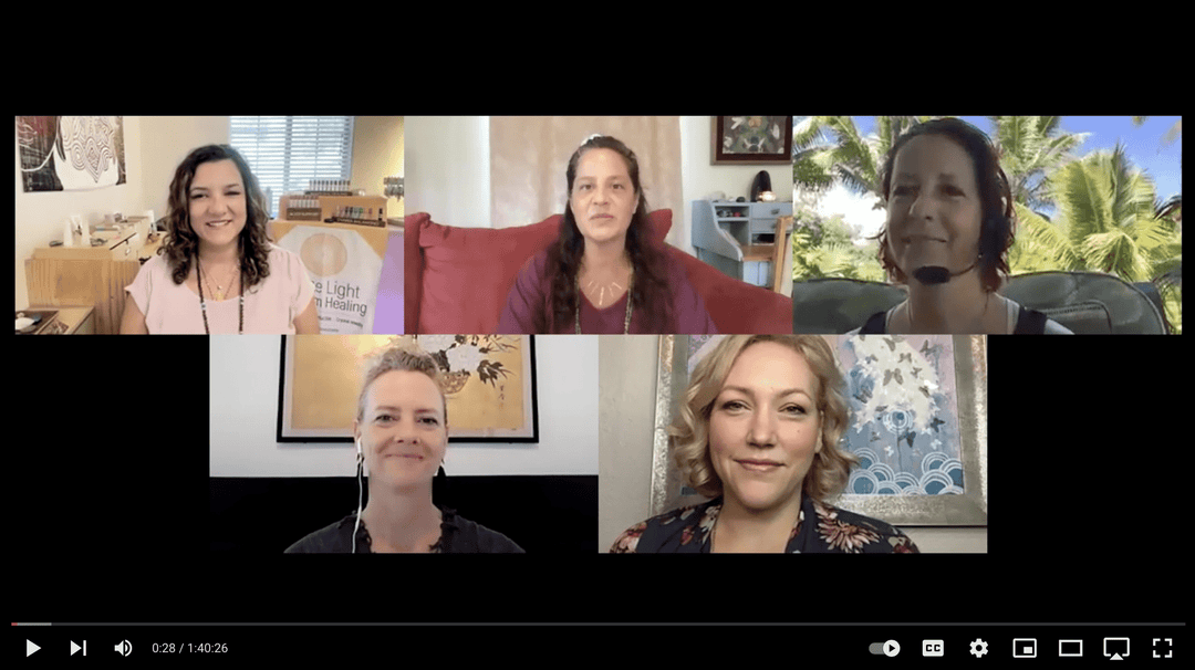 Five women in a virtual healing circle, discussing spiritual awakening and ascension journey