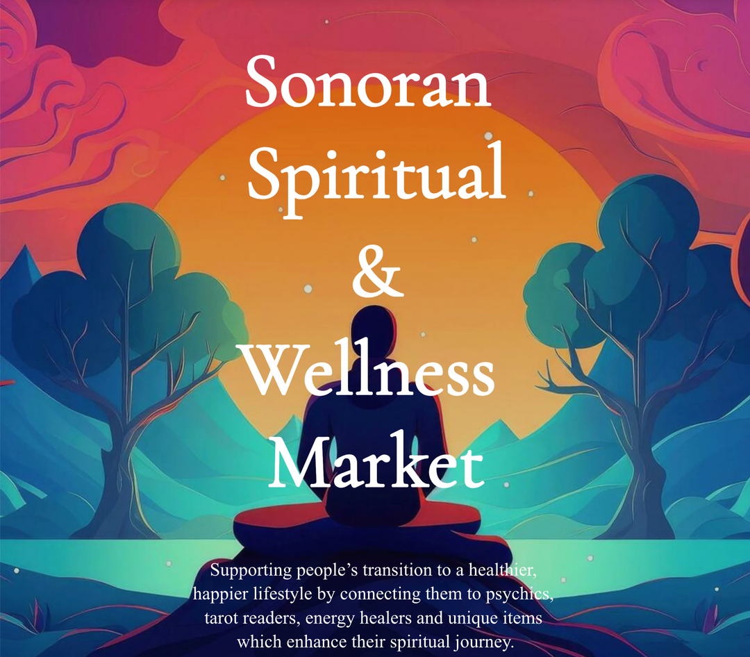 Sonoran Spiritual & Wellness Market: Meditating figure under vibrant sunset, connecting to psychics, healers, and spiritual growth.