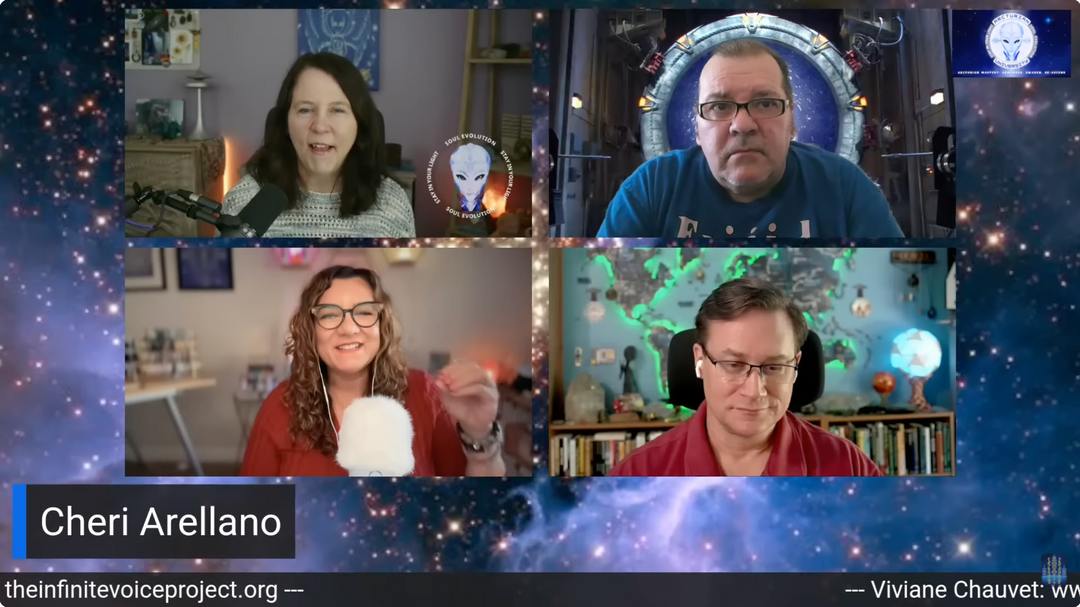 Cheri Arellano and guests in a cosmic-themed virtual panel on soul evolution and ascension
