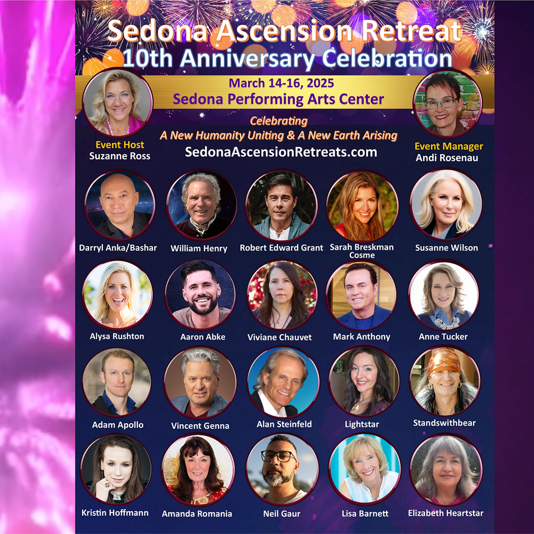 Sedona Ascension Retreat 2025 event flyer with photos and names of featured speakers and hosts.