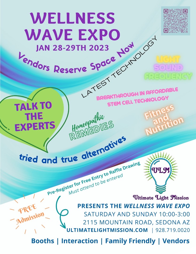 Colorful flyer for Wellness Wave Expo 2023 in Sedona, promoting holistic health, fitness, expert talks, and alternative remedies.