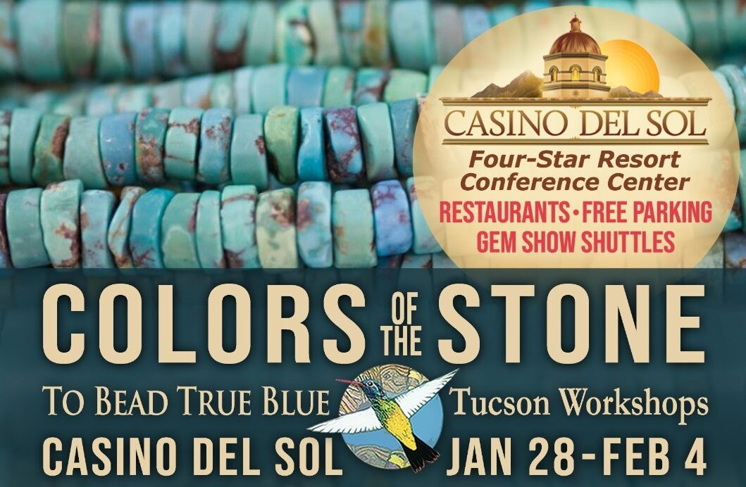 Turquoise gemstone beads with Colors of the Stone Tucson Gem Show flyer, Casino Del Sol.