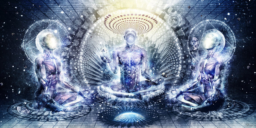 Meditating light beings in cosmic ascension, glowing with divine energy and sacred geometry patterns