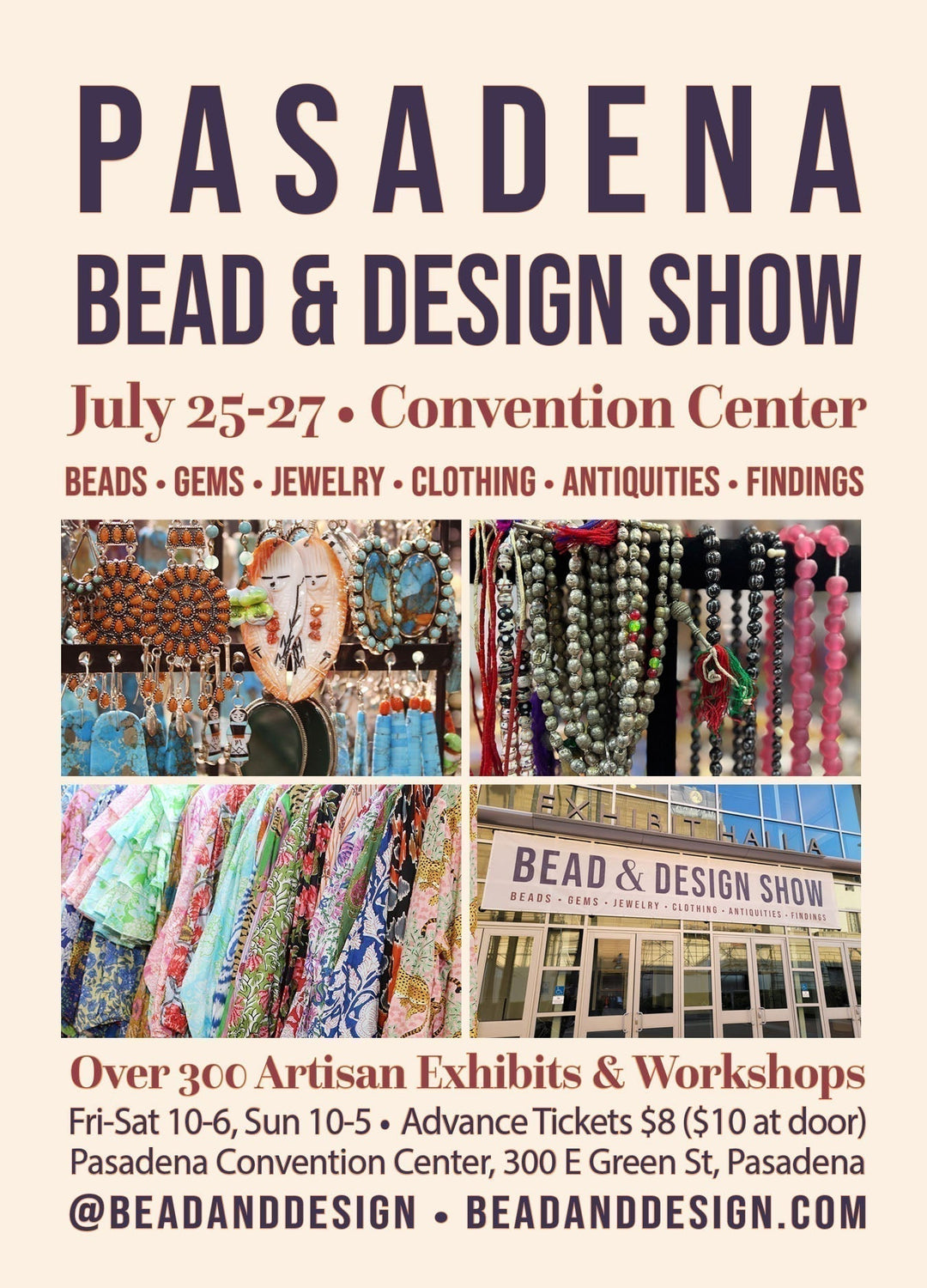 Pasadena Bead & Design Show event flyer with beads, jewelry, clothing, workshop details.