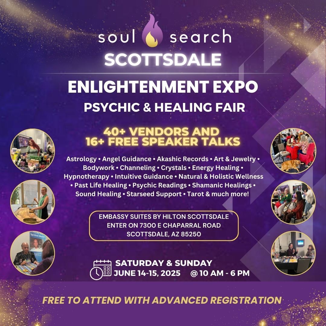 Scottsdale Enlightenment Expo event flyer with psychic healing fair details, vendor list, and event date.
