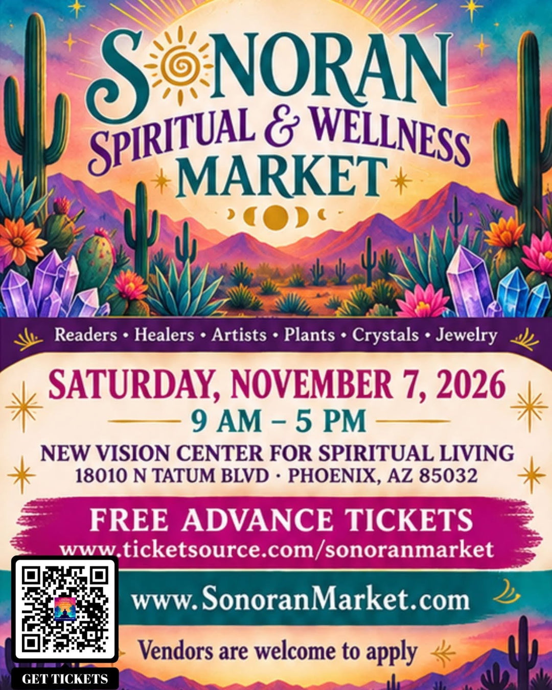 Sonoran Spiritual and Wellness Market flyer: November 7, 2026, 9 AM–5 PM at New Vision Center for Spiritual Living, Phoenix.