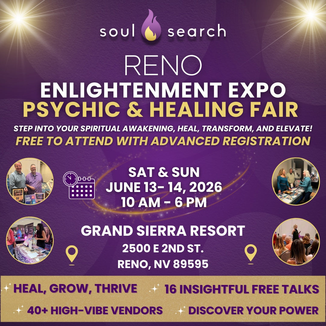 Reno Enlightenment Expo Psychic & Healing Fair event poster with dates, location, and vendor info for spiritual awakening and healing.