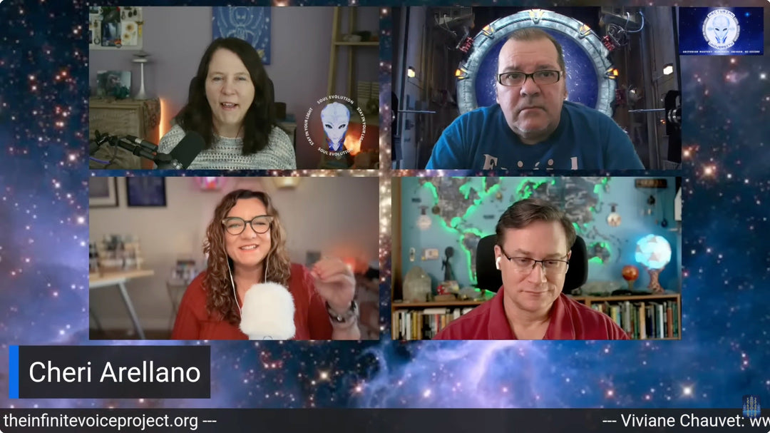 Cheri Arellano and guests in a cosmic-themed virtual panel on soul evolution and ascension