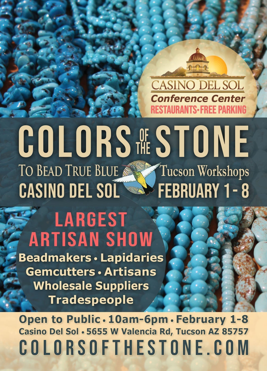 Turquoise gemstone beads with event details for Colors of the Stone artisan show in Tucson.