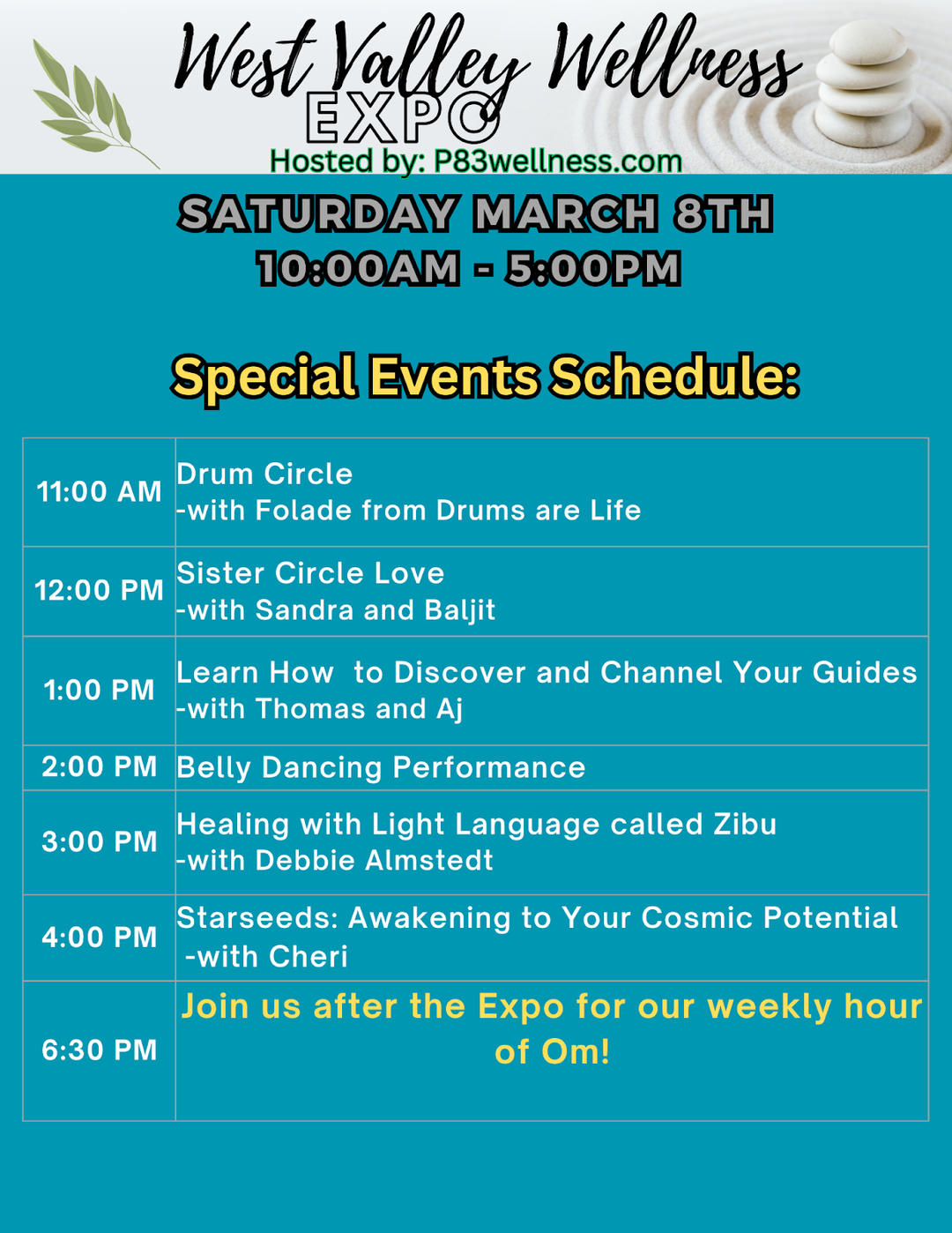 West Valley Wellness Expo schedule with healing events, drum circle, belly dance, and Starseed awakening session