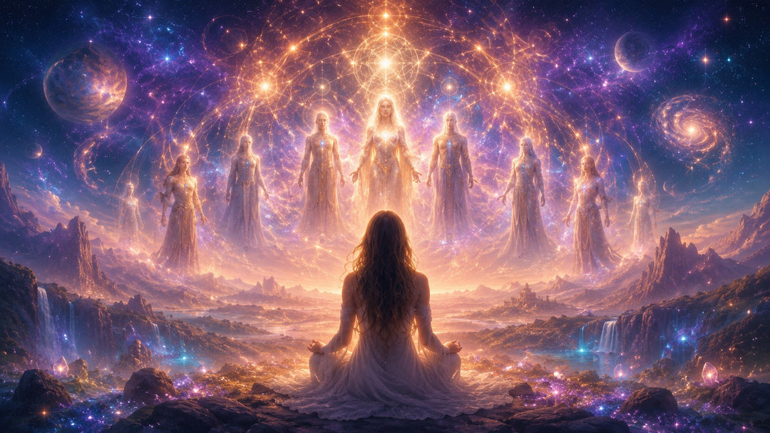 Meditating woman receives divine light codes from celestial beings in cosmic landscape
