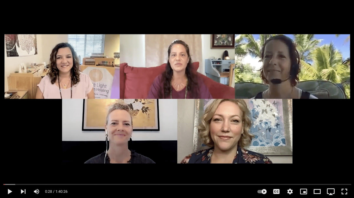 Five women in a virtual healing circle, discussing spiritual awakening and ascension journey