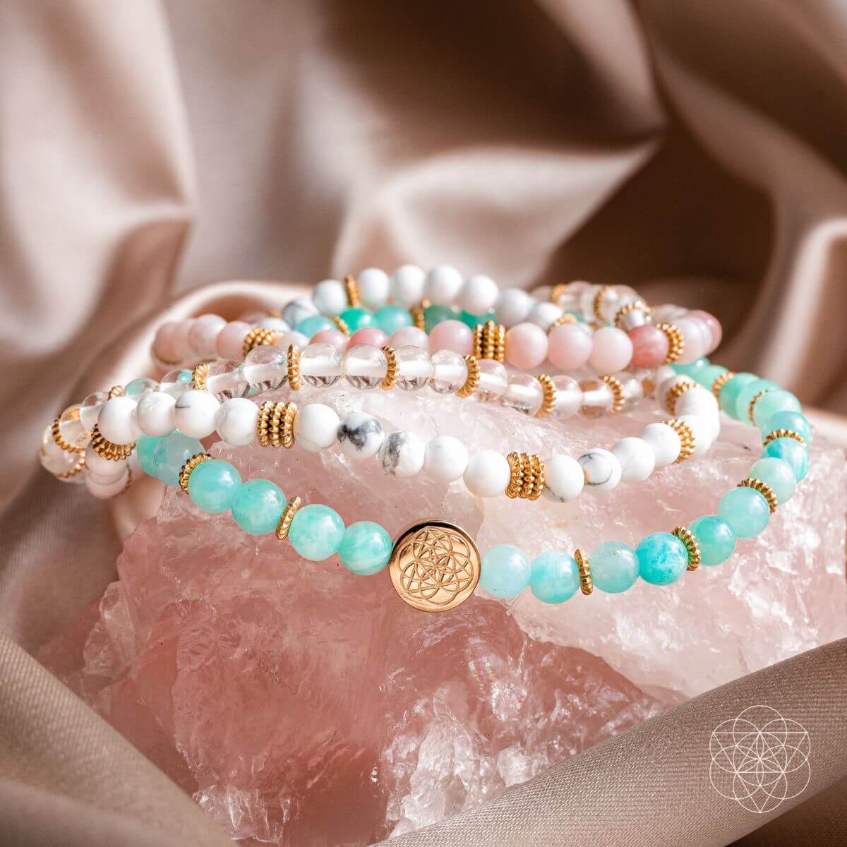 Beaded crystal healing bracelets with gold accents on rose quartz, stress relief jewelry set