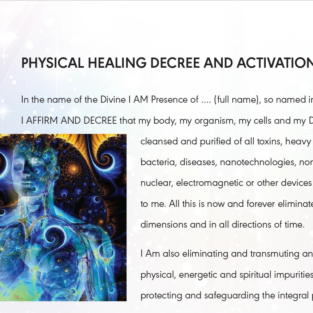 Divine healing decree with radiant blue energy body and fractal light patterns for spiritual purification