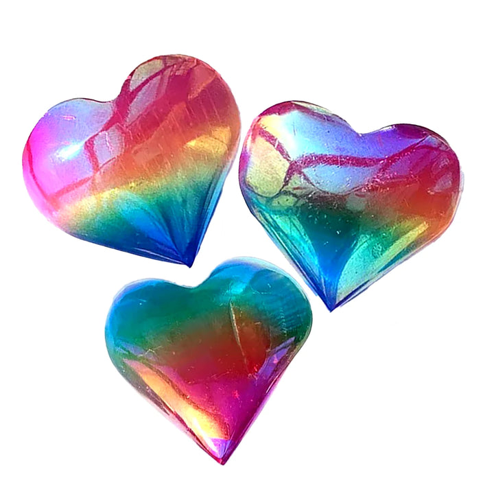 Three iridescent rainbow heart crystals for spiritual healing and ascension energy