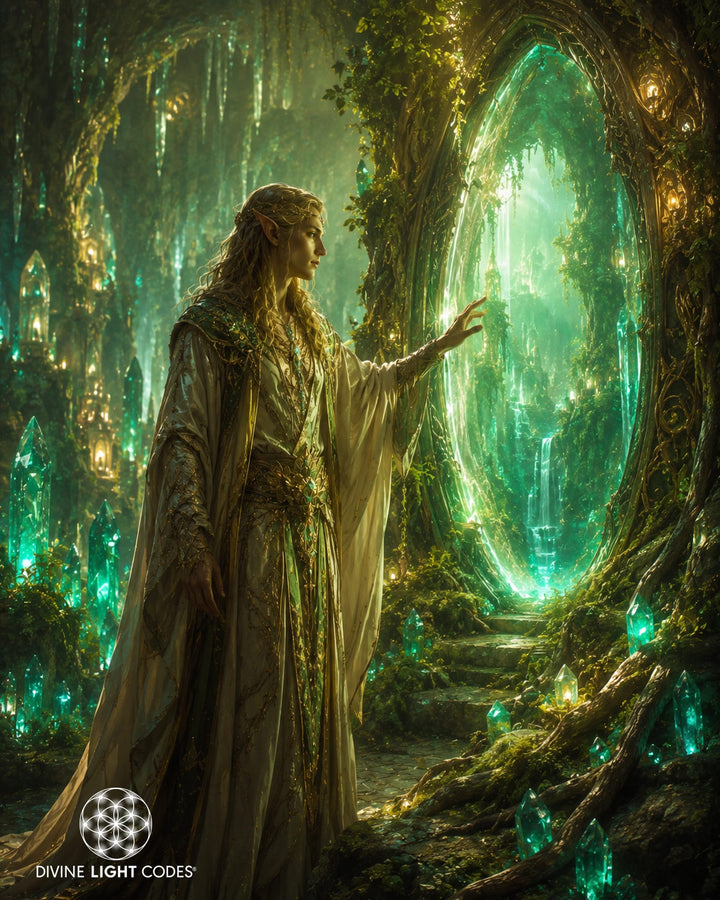 Fantasy artwork of an elf-like woman in a flowing cream robe standing in a glowing green crystal forest, reaching toward a luminous circular opening. The scene is rich in teal, green, mossy brown, and gold light. Visible logo and text at the bottom right reads &