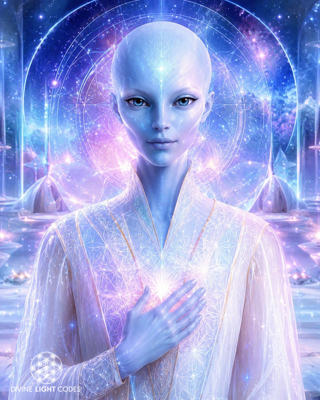 Andromedan Starseed. A stylized digital portrait of a pale blue humanoid figure with a glowing hand over the chest, set against a luminous cosmic architectural background in blue, purple, and pink. The text &